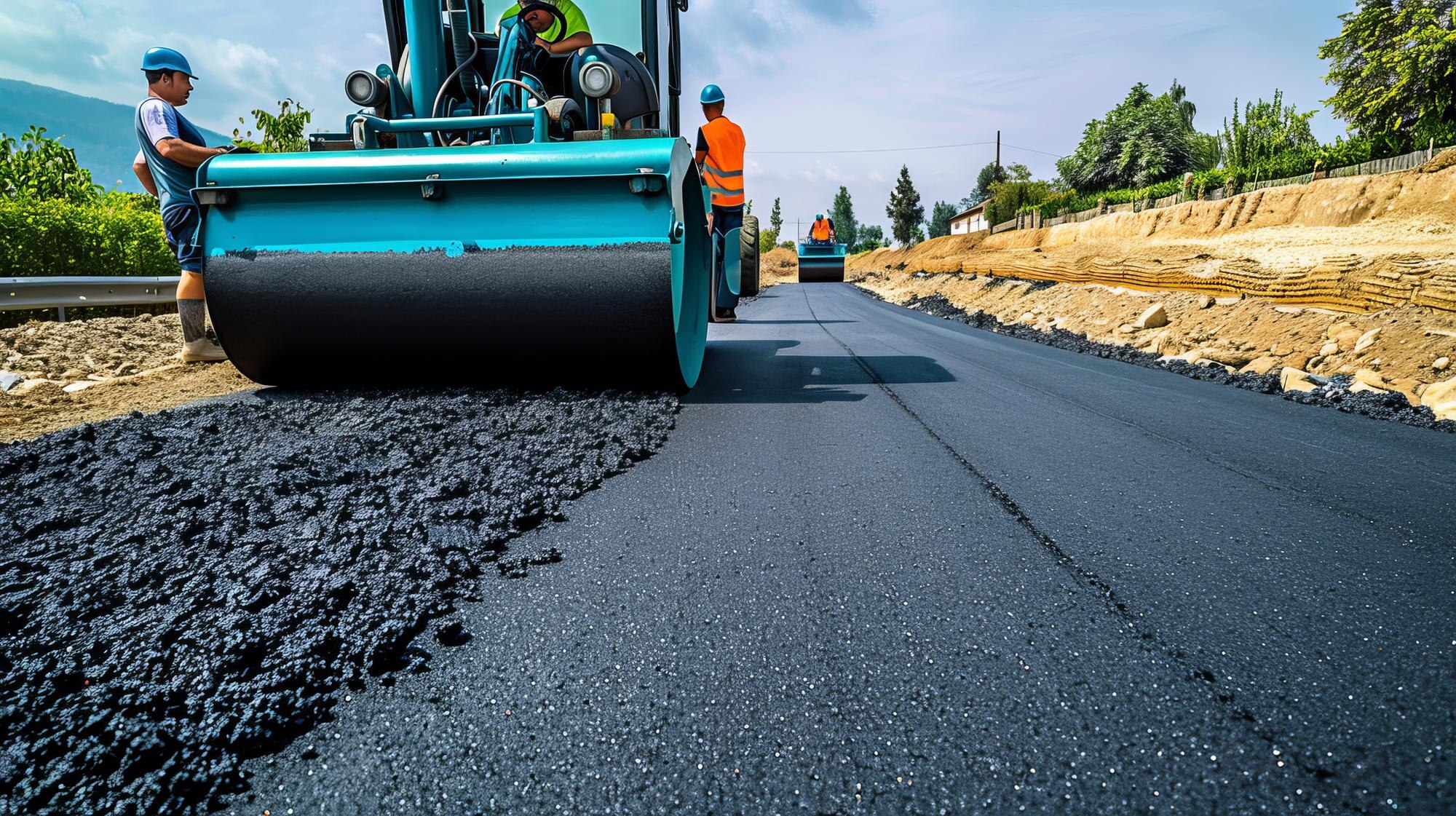 Representative asphalt paving equipment and crew working on fresh pavement